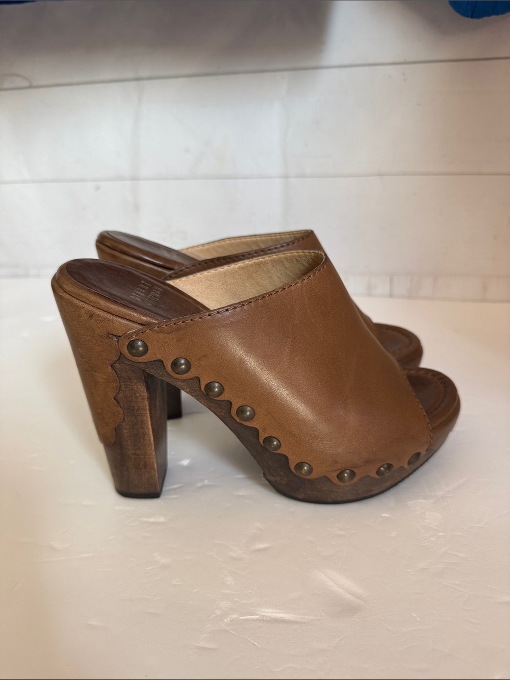 Stuart Weitzman 6.5M Sequoia Brown Leather Studded Block Heel Mules Office Siren
